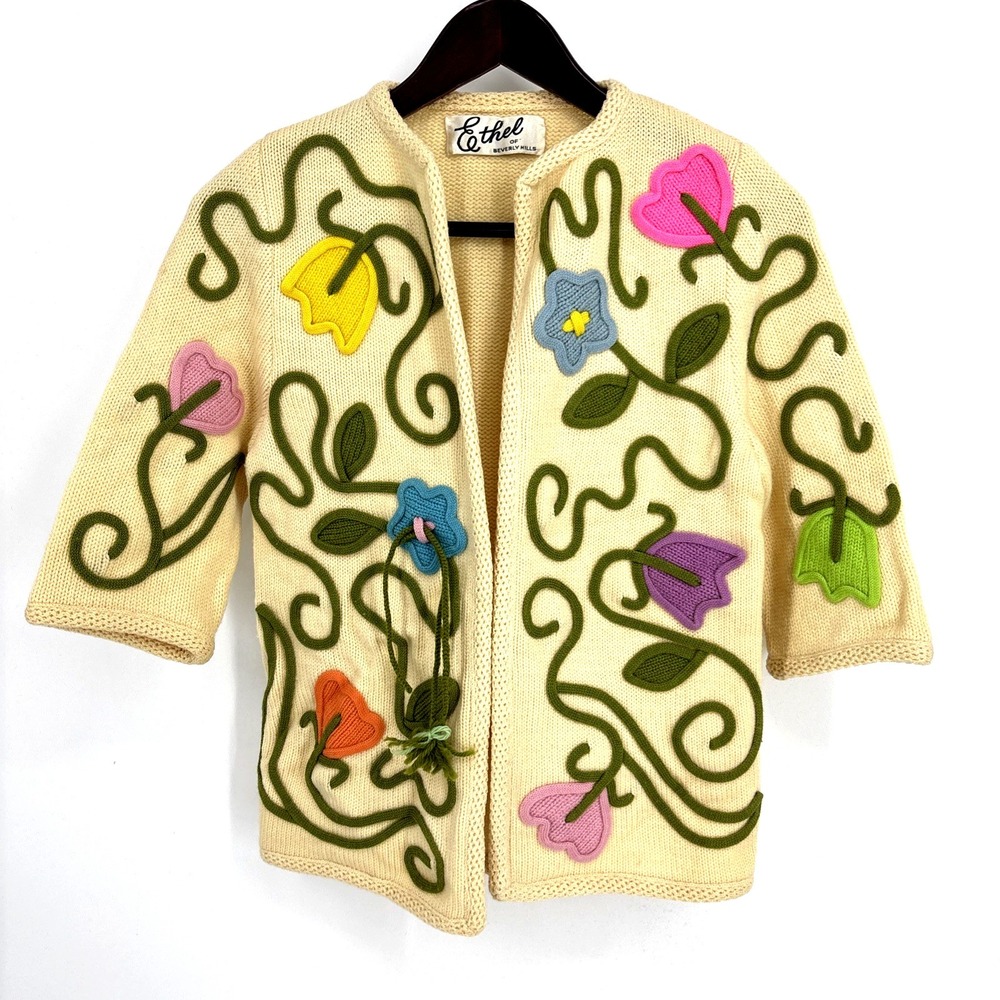 ETHEL OF BEVERLY‎ HILLS Vintage Tulip Floral Embellished Knit Cardigan Sweater - Picture 3 of 12